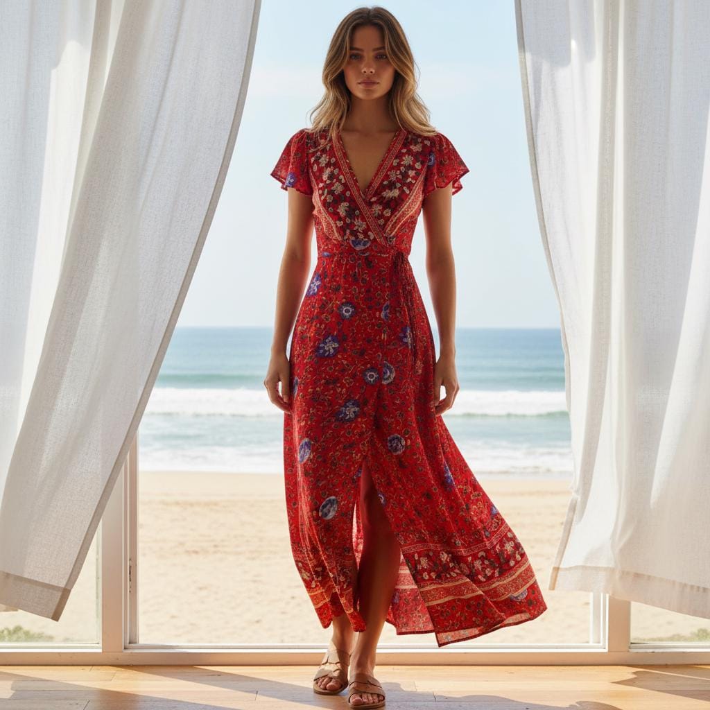 Red Boho Maxi Dress Floral Bat Sleeve Wrap Beach Cover Up