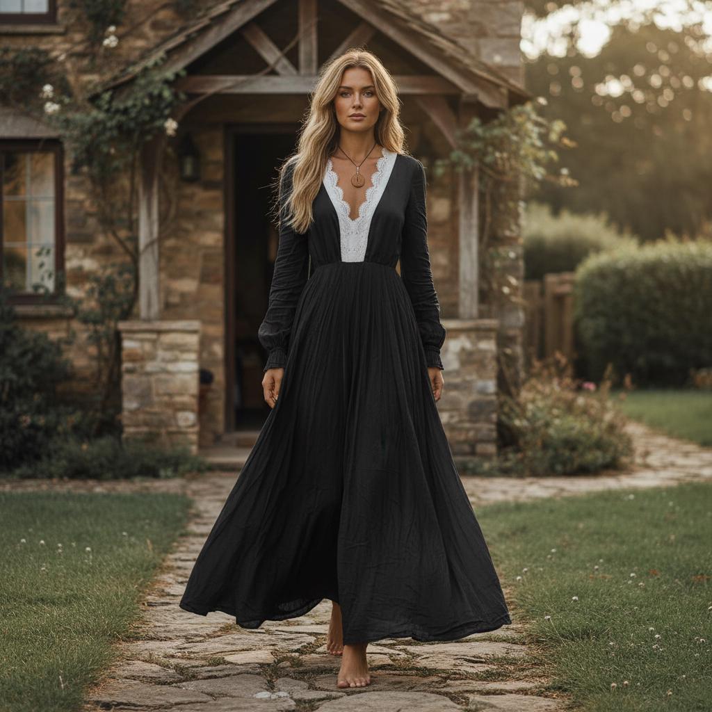 Retro Boho Lace Long Dress High Waist Floral V Neck Maxi Dress