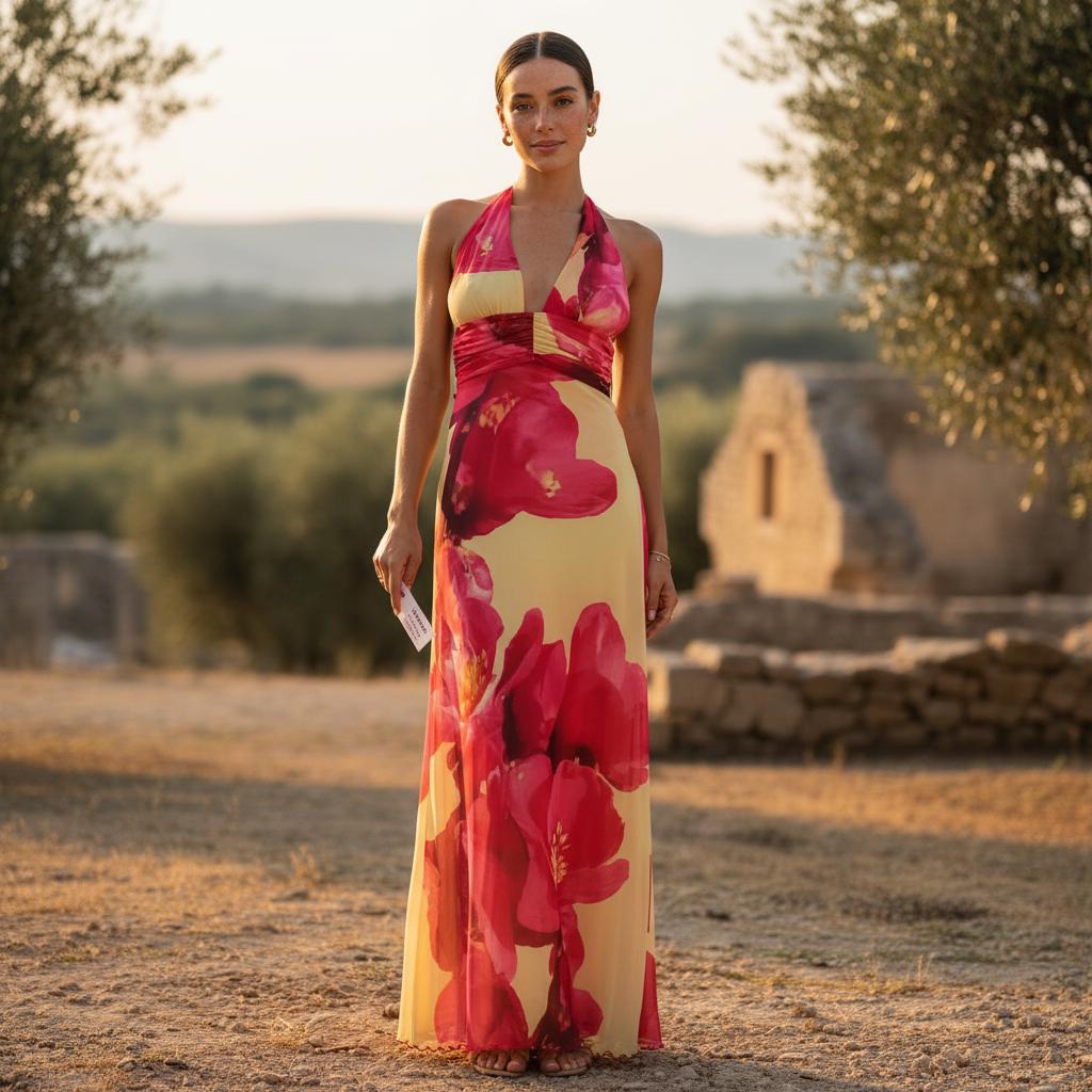Summer Boho Halter Maxi Dress Backless Deep V Flowy Ruffle Dress