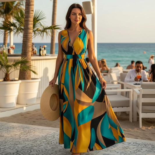 Abstract Print Sleeveless V-Neck Maxi Dress Beach Casual Summer