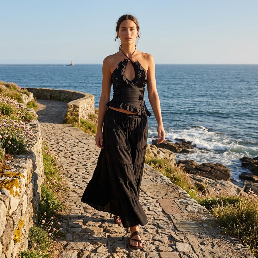 Women Boho Maxi Skirt Set Sexy Halter Top Beach Holiday Outfit