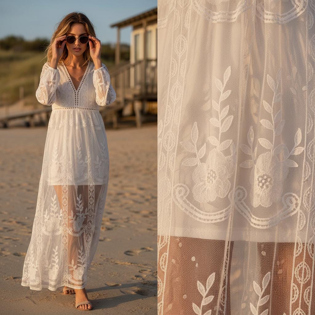 Vintage Boho Maxi Dress Deep V Neck Lace Embroidery Long Sleeve