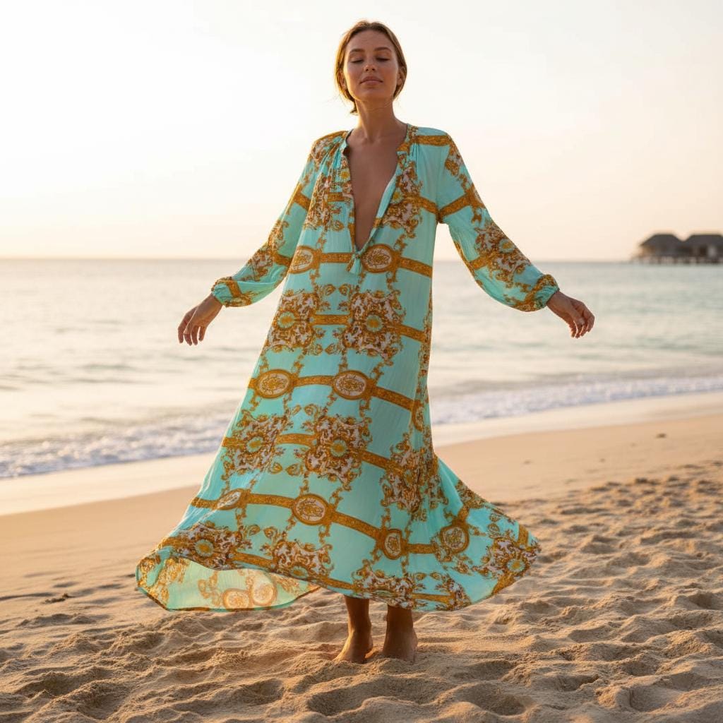 Oversized Boho Maxi Dress Long Sleeve Beach Vacation Dress