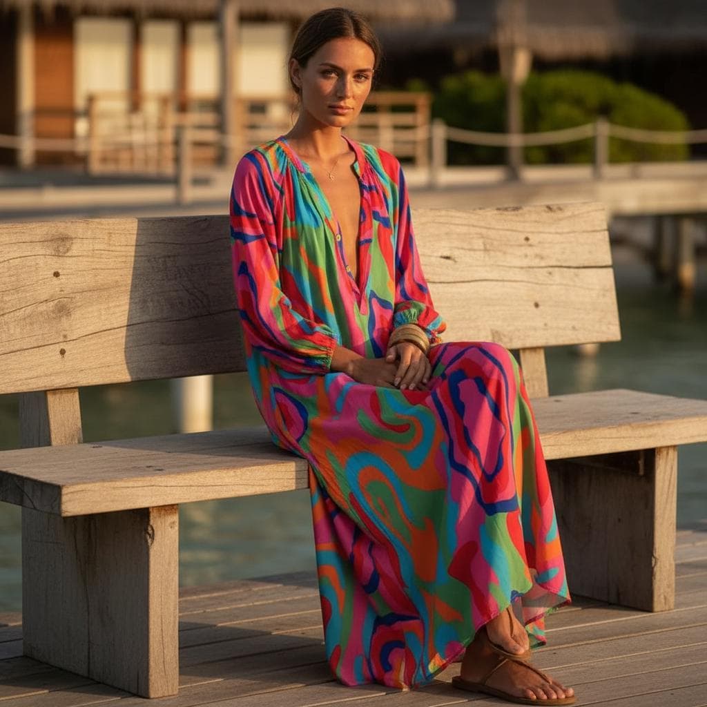 Spring Summer Boho Maxi Dress Deep V Neck Loose Dress