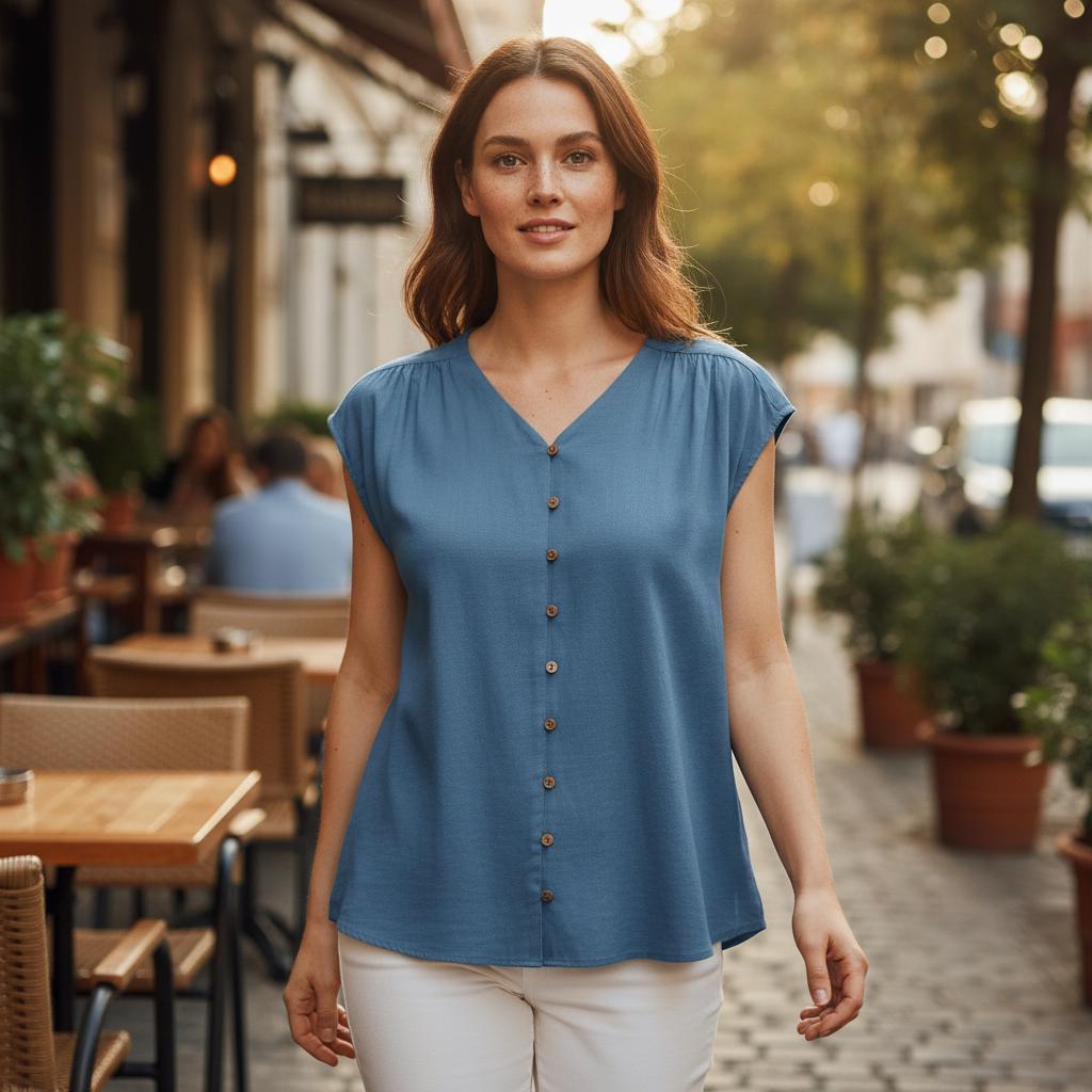 Sleeveless Boho Cotton Blouse V Neck Button Summer Casual Top