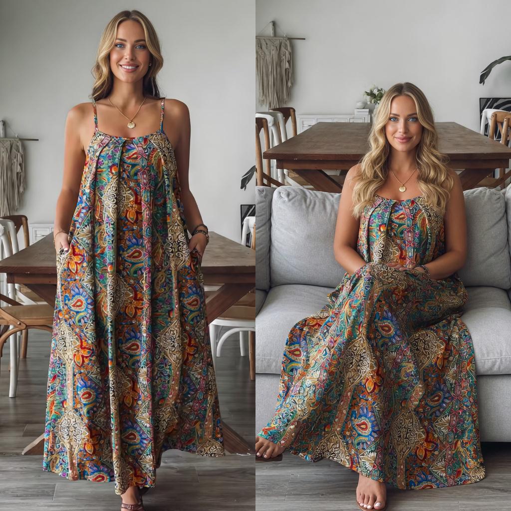 Plus Size Boho Paisley Maxi Dress Spaghetti Strap Loose Summer Dress