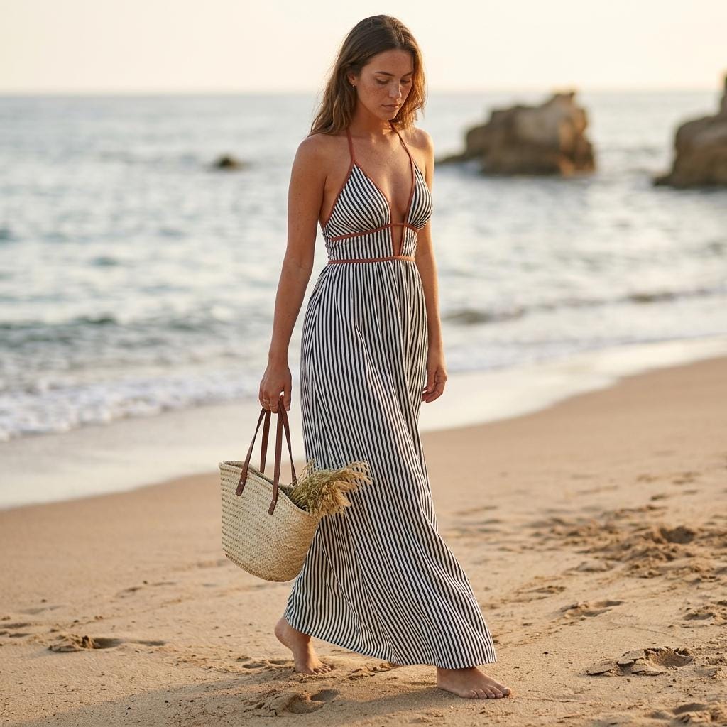 Summer Boho Maxi Dress Striped Backless V Neck Beach Outfit