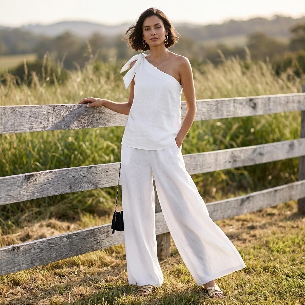 Sexy One Shoulder Two Piece Outfit Wide Leg Pant Set
