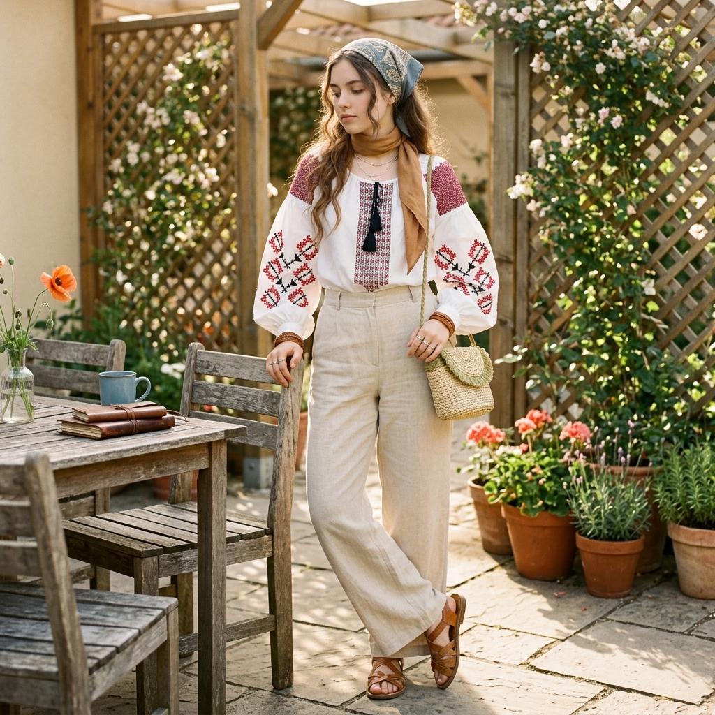 Vintage Printed Crew Neck Blouse with Belted Flared Sleeves for Women