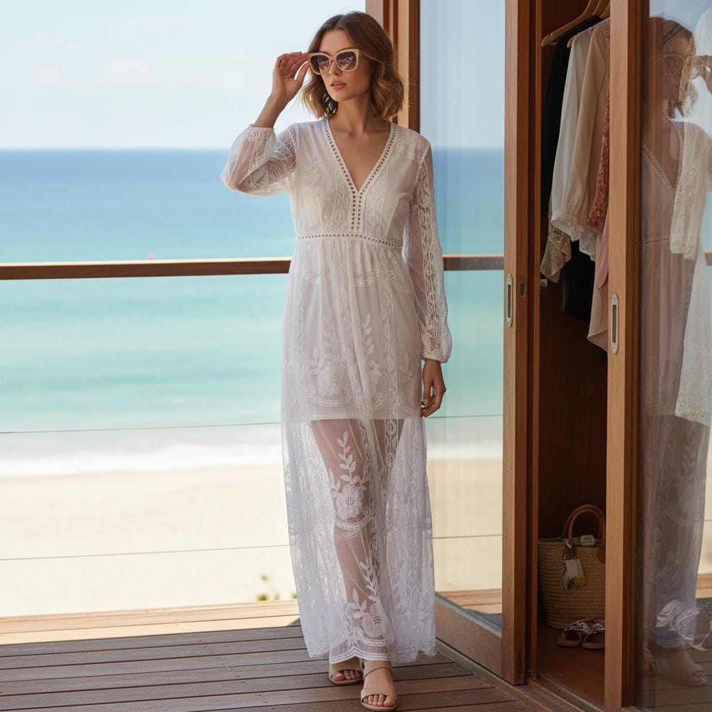Vintage Boho Maxi Dress Deep V Neck Lace Embroidery Long Sleeve