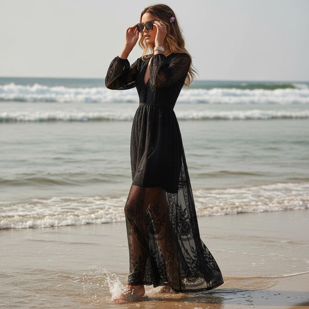 Black Boho Maxi Dress Deep V Neck Lace Embroidery Long Sleeve