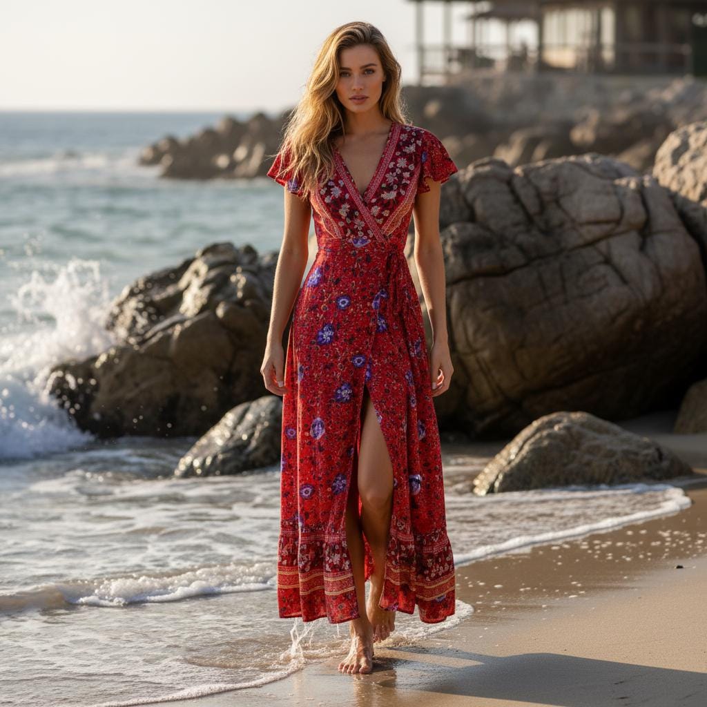 Red Boho Maxi Dress Floral Bat Sleeve Wrap Beach Cover Up