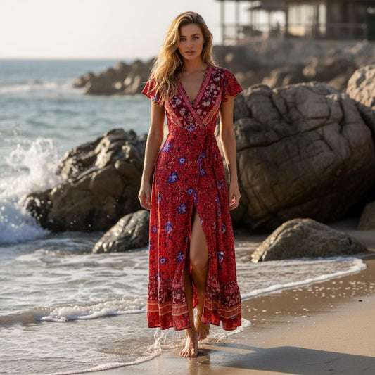 Red Boho Maxi Dress Floral Bat Sleeve Wrap Beach Cover Up
