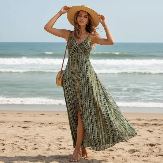 Backless Boho Maxi Dress Ethnic Print Split Thigh Flowing Beach Dress