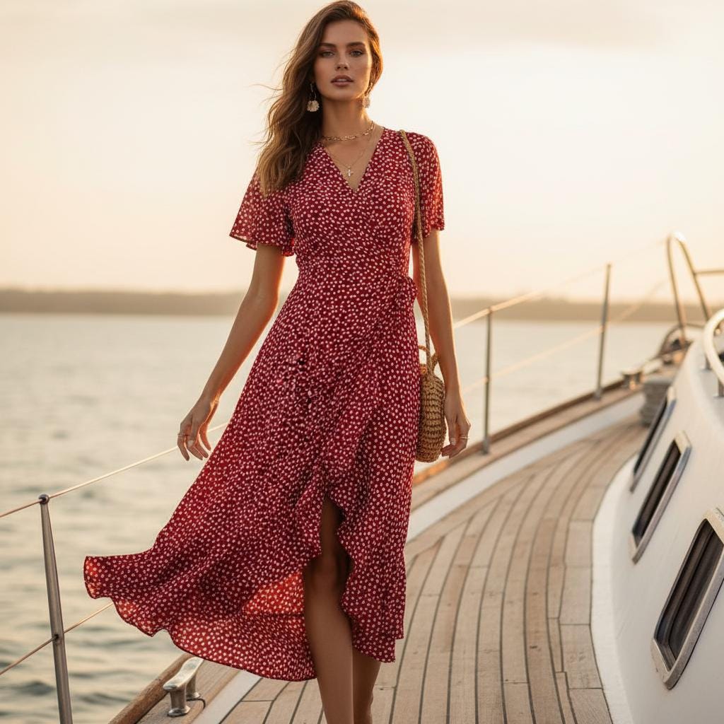 Women Summer Boho Floral Maxi Dress Wrap Chiffon Ruffle Beach Split Dress