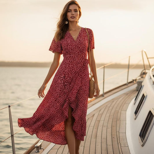 Women Summer Boho Floral Maxi Dress Wrap Chiffon Ruffle Beach Split Dress
