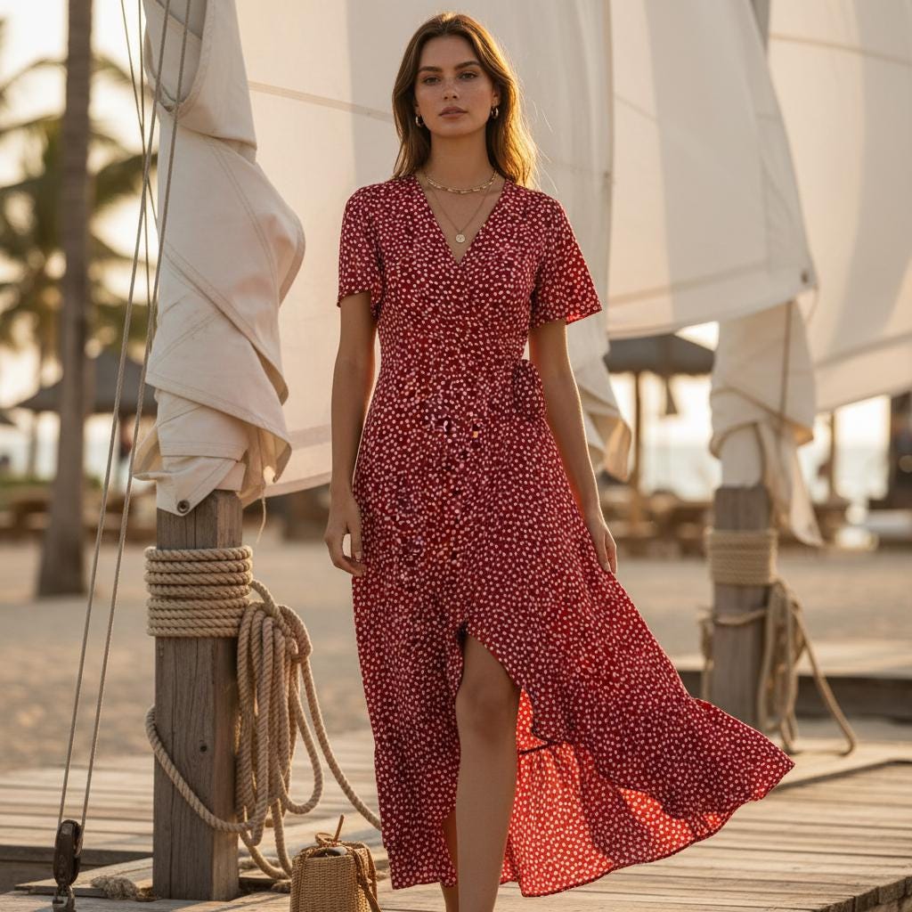 Women Summer Boho Floral Maxi Dress Wrap Chiffon Ruffle Beach Split Dress