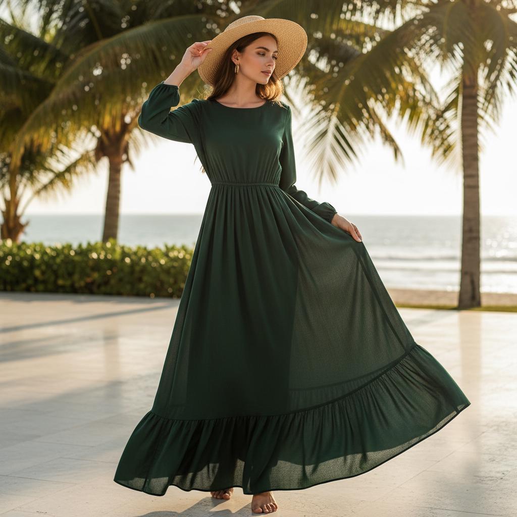 Women Solid Boho Maxi Dress Long Sleeve Casual Beach Dress