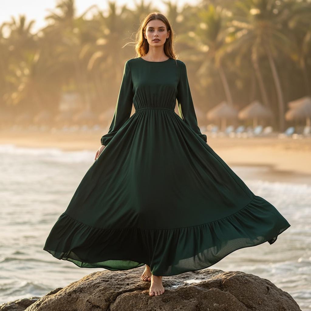 Women Solid Boho Maxi Dress Long Sleeve Casual Beach Dress