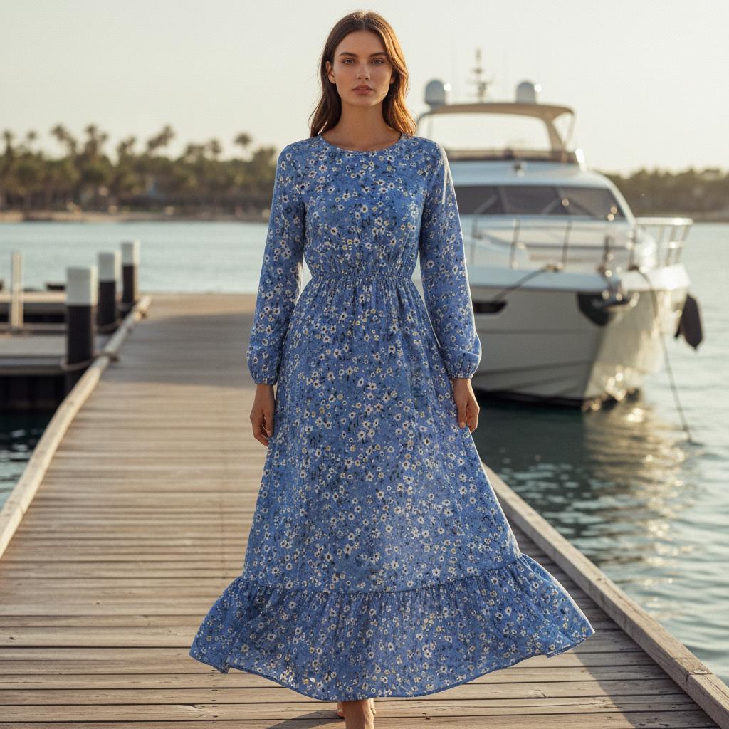 Women Floral Boho Maxi Dress Casual Long Sleeve Beach Dress