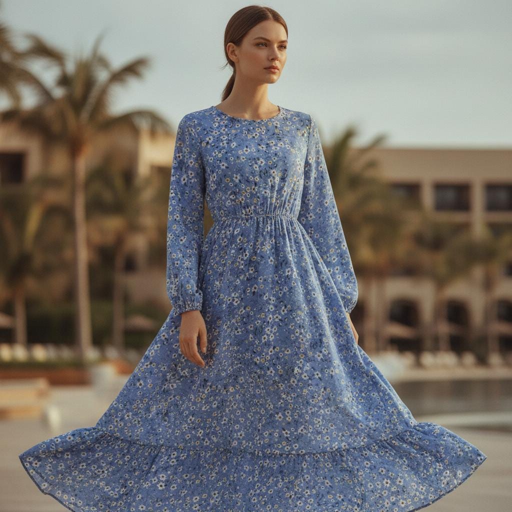 Women Floral Boho Maxi Dress Casual Long Sleeve Beach Dress
