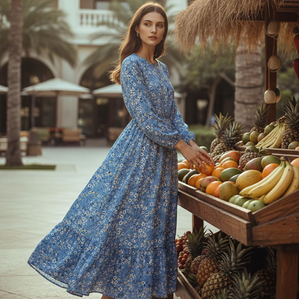Women Floral Boho Maxi Dress Casual Long Sleeve Beach Dress