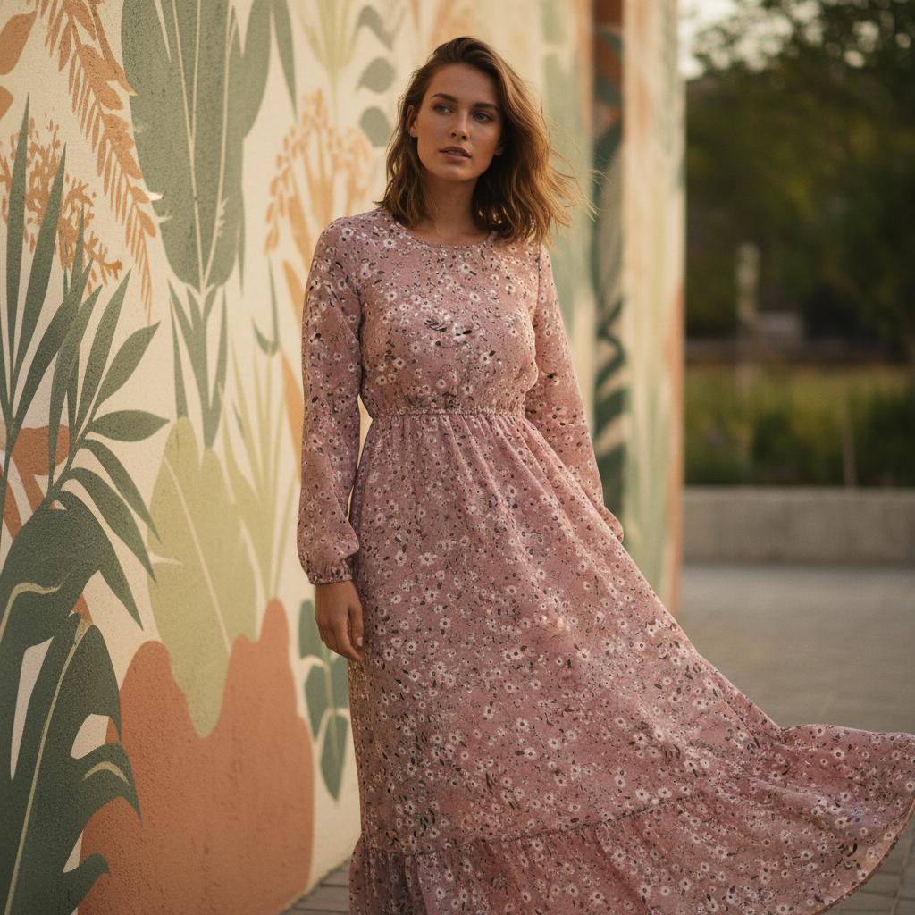 Women Floral Maxi Dress Long Sleeve Boho Beach Party Dress