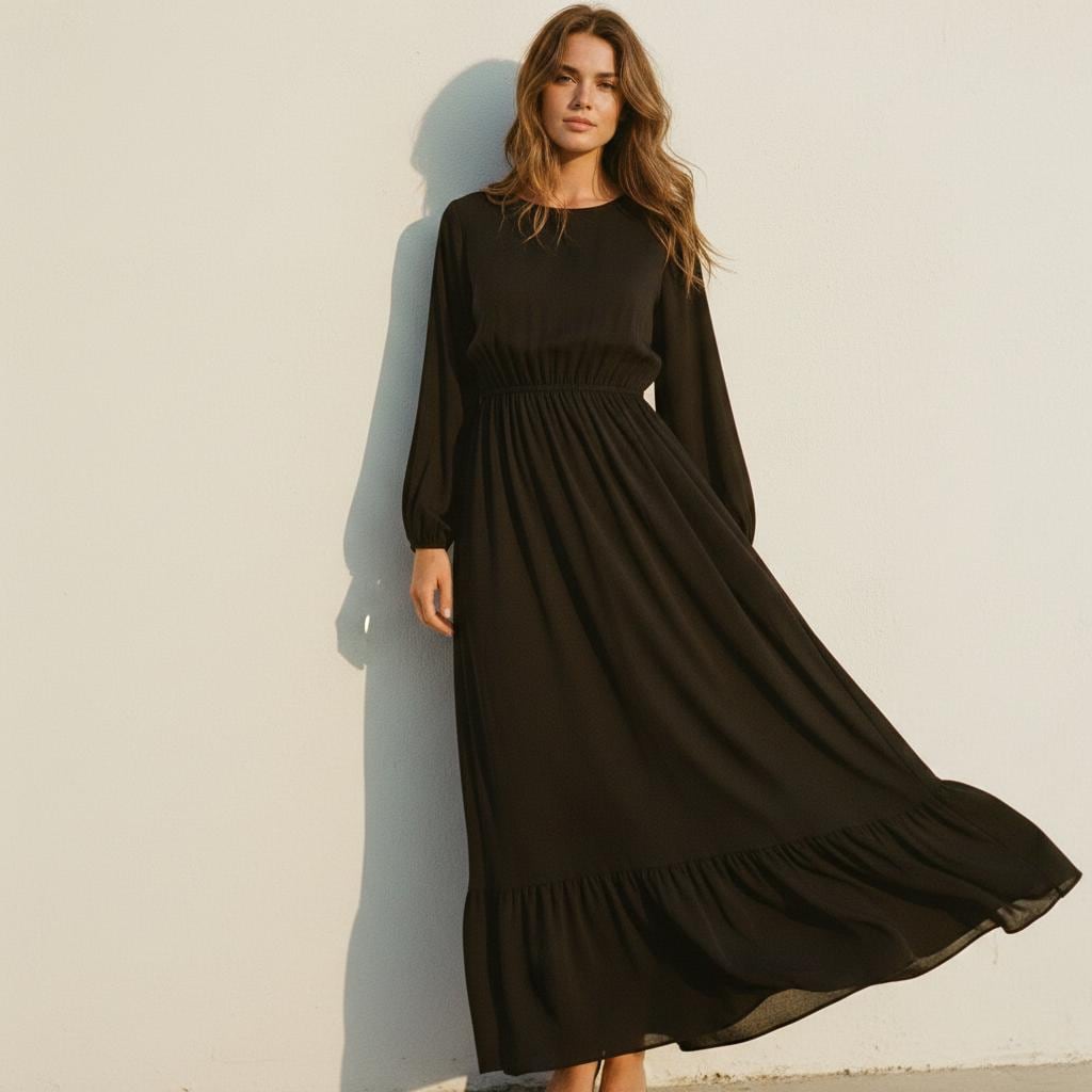Women Solid Color Maxi Dress Long Sleeve Boho Summer Dress