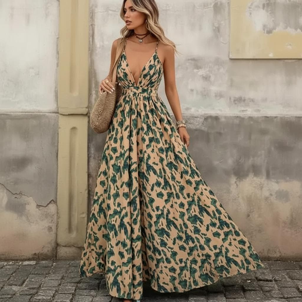 Boho Abstract Print Cross Back Maxi Dress Spaghetti Strap Flowy A-Line