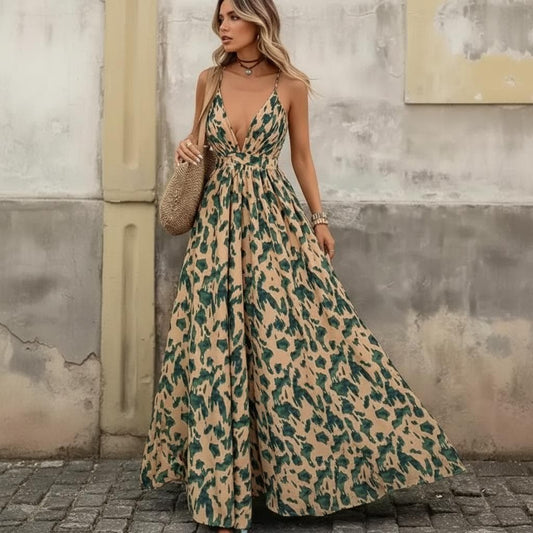 Boho Abstract Print Cross Back Maxi Dress Spaghetti Strap Flowy A-Line