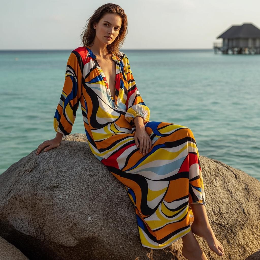 Boho Print Deep V Neck Maxi Dress Loose Beach Summer Dress