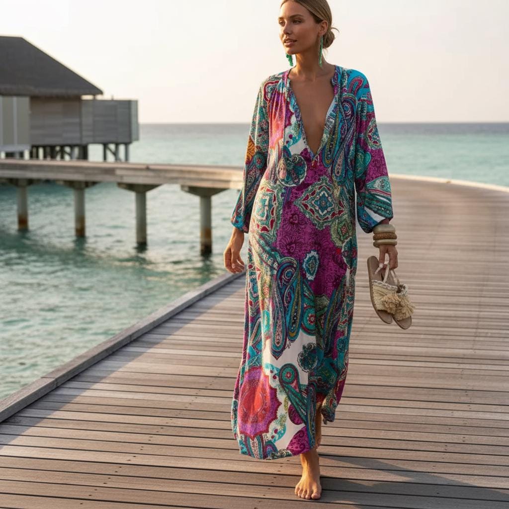 Women Boho Maxi Dress Long Sleeve Deep V Neck Beach Dress