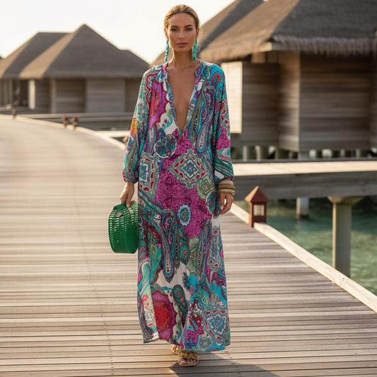 Women Boho Maxi Dress Long Sleeve Deep V Neck Beach Dress