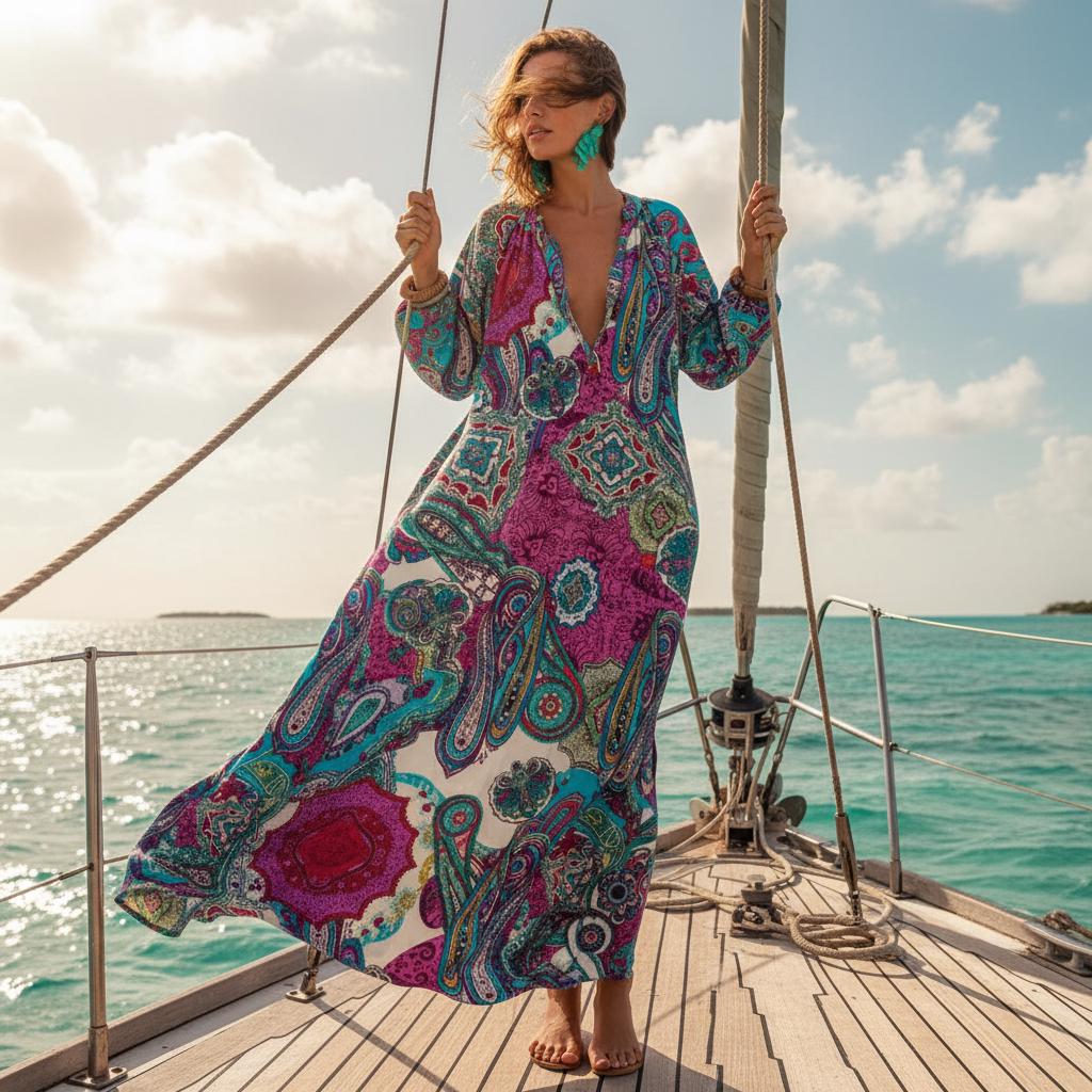 Women Boho Maxi Dress Long Sleeve Deep V Neck Beach Dress