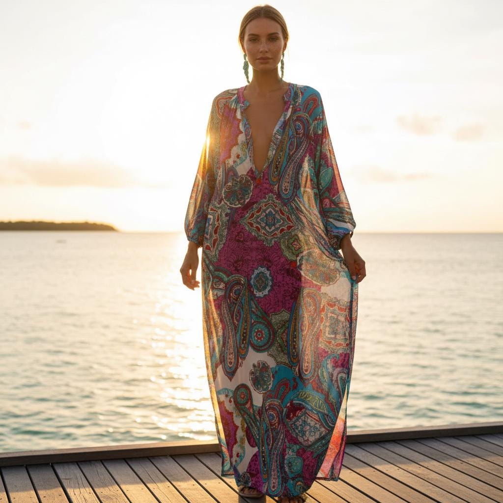 Women Boho Maxi Dress Long Sleeve Deep V Neck Beach Dress