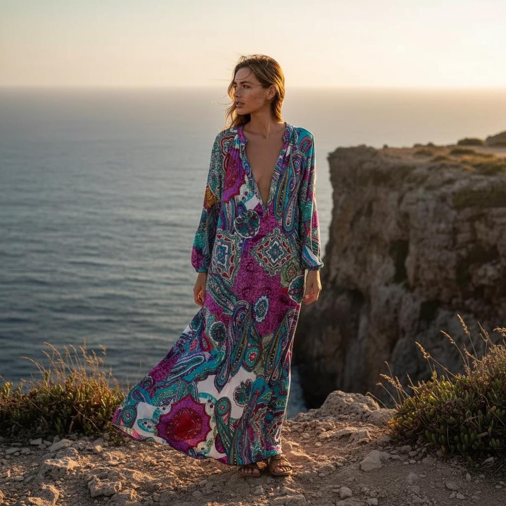 Women Boho Maxi Dress Long Sleeve Deep V Neck Beach Dress