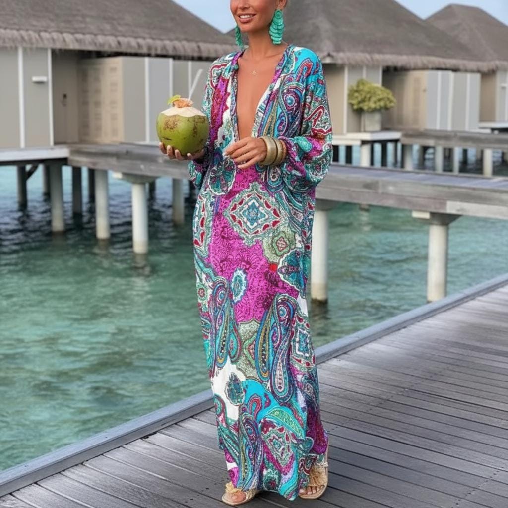 Women Boho Maxi Dress Long Sleeve Deep V Neck Beach Dress