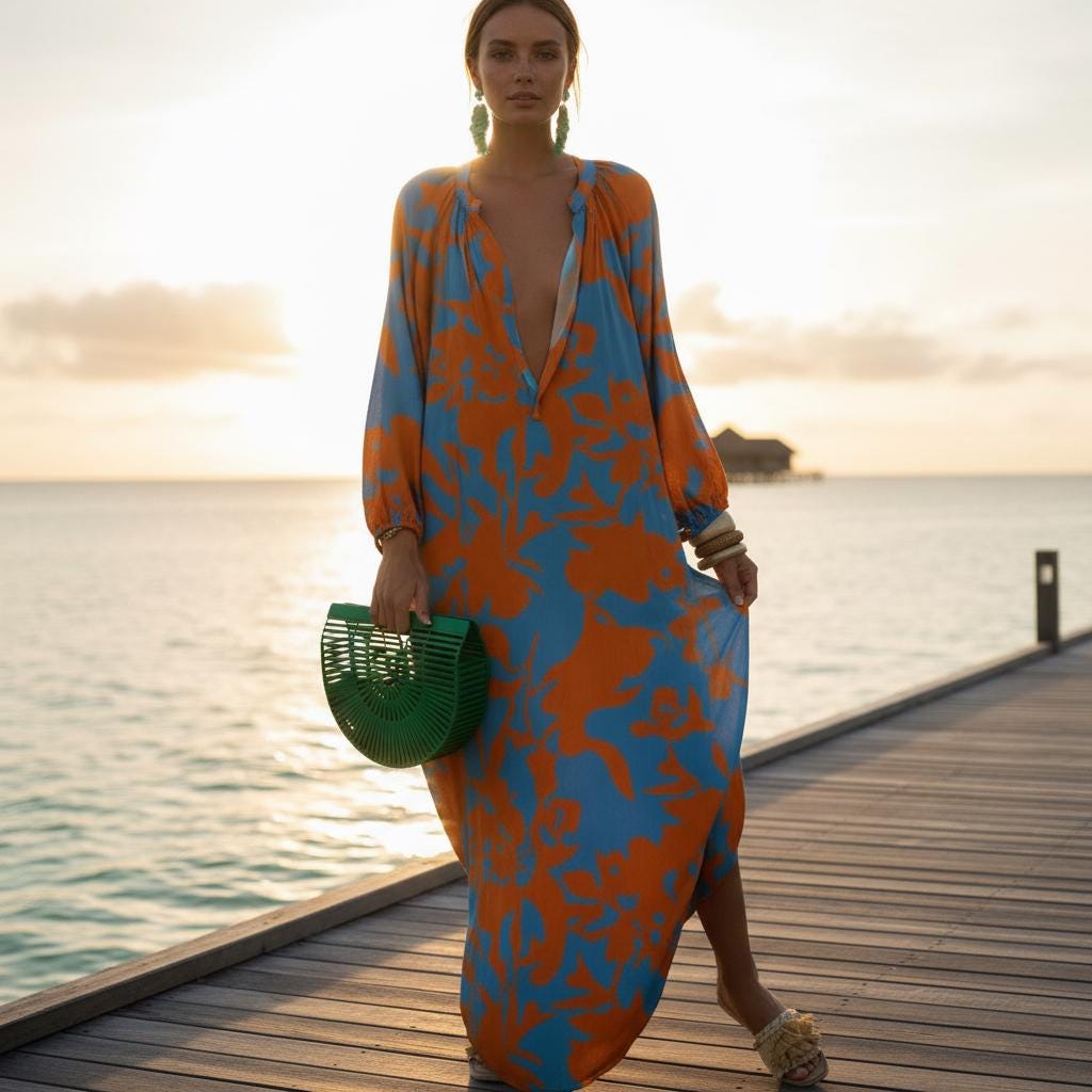 Elegant Boho Beach Dress Oversized Long Sleeve Maxi Dress