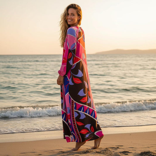 Bohemian Loose Maxi Dress Deep V Neck Long Sleeve Dress