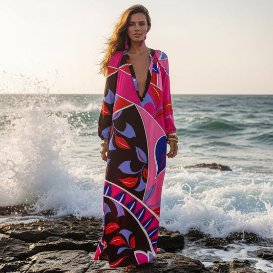 Bohemian Loose Maxi Dress Deep V Neck Long Sleeve Dress