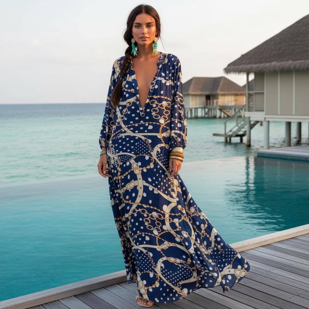 Sexy Deep V Neck Boho Maxi Dress Flowy Beach Dress