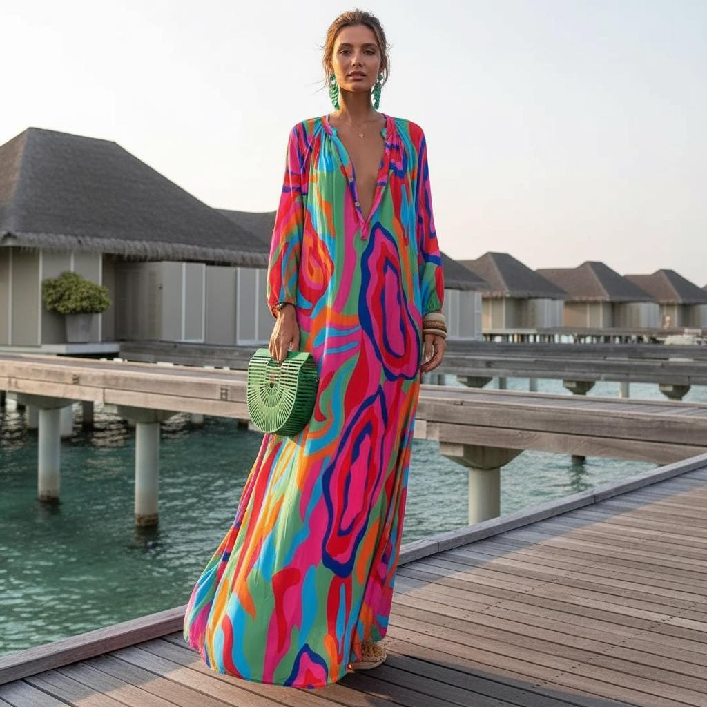 Spring Summer Boho Maxi Dress Deep V Neck Loose Dress