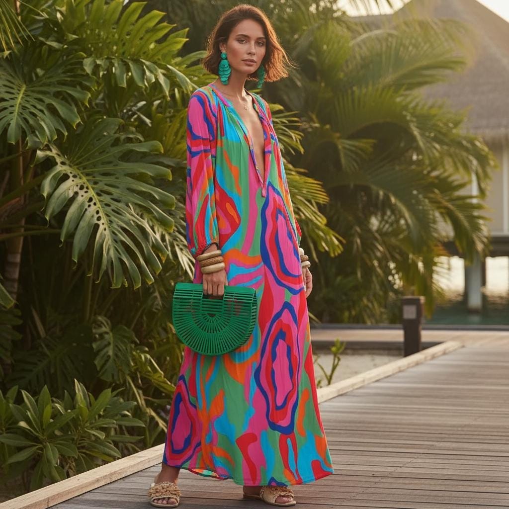 Spring Summer Boho Maxi Dress Deep V Neck Loose Dress
