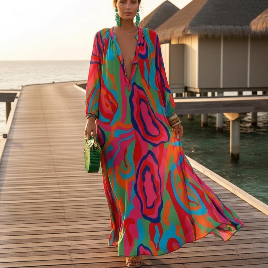 Spring Summer Boho Maxi Dress Deep V Neck Loose Dress