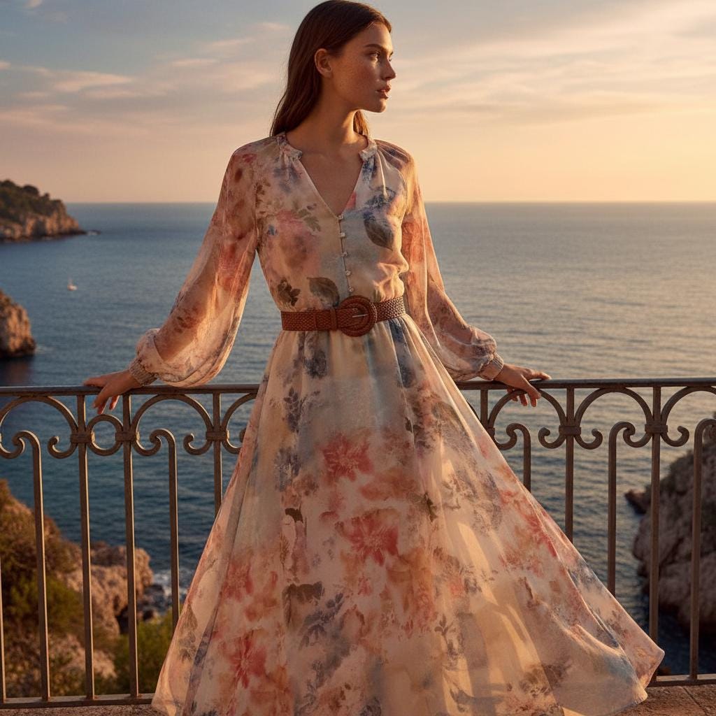 Floral Maxi Dress Belted V Neck Lantern Sleeve Boho Summer Dress