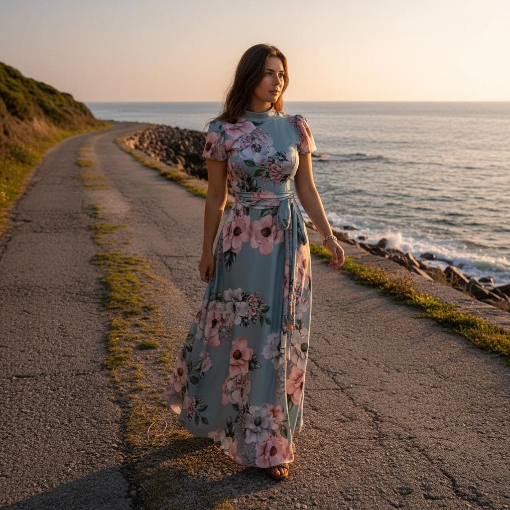 Women Boho Floral Dress Summer Flowy Maxi High Waist Beach Dress