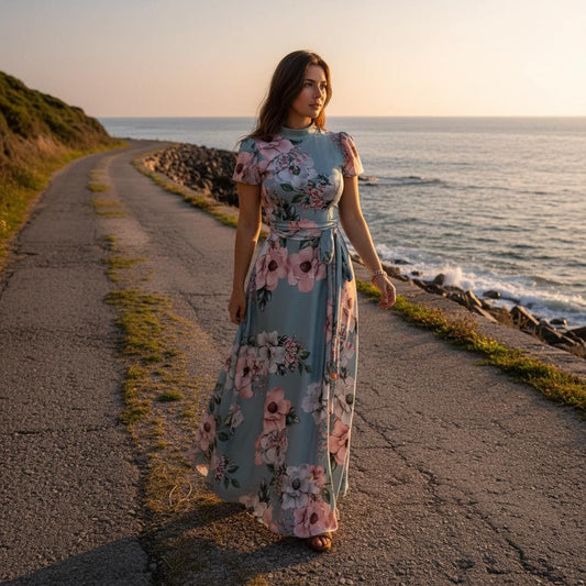 Women Boho Floral Dress Summer Flowy Maxi High Waist Beach Dress