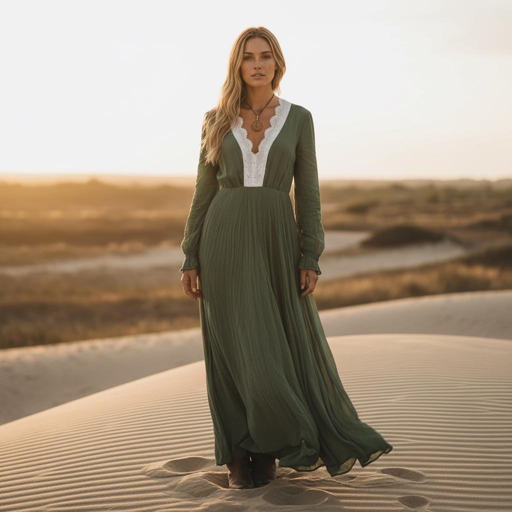 Elegant Boho Lace Maxi Dress V Neck High Waist Floral Long Dress