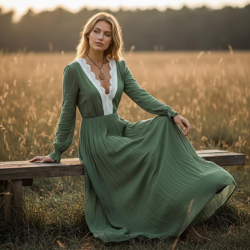 Elegant Boho Lace Maxi Dress V Neck High Waist Floral Long Dress