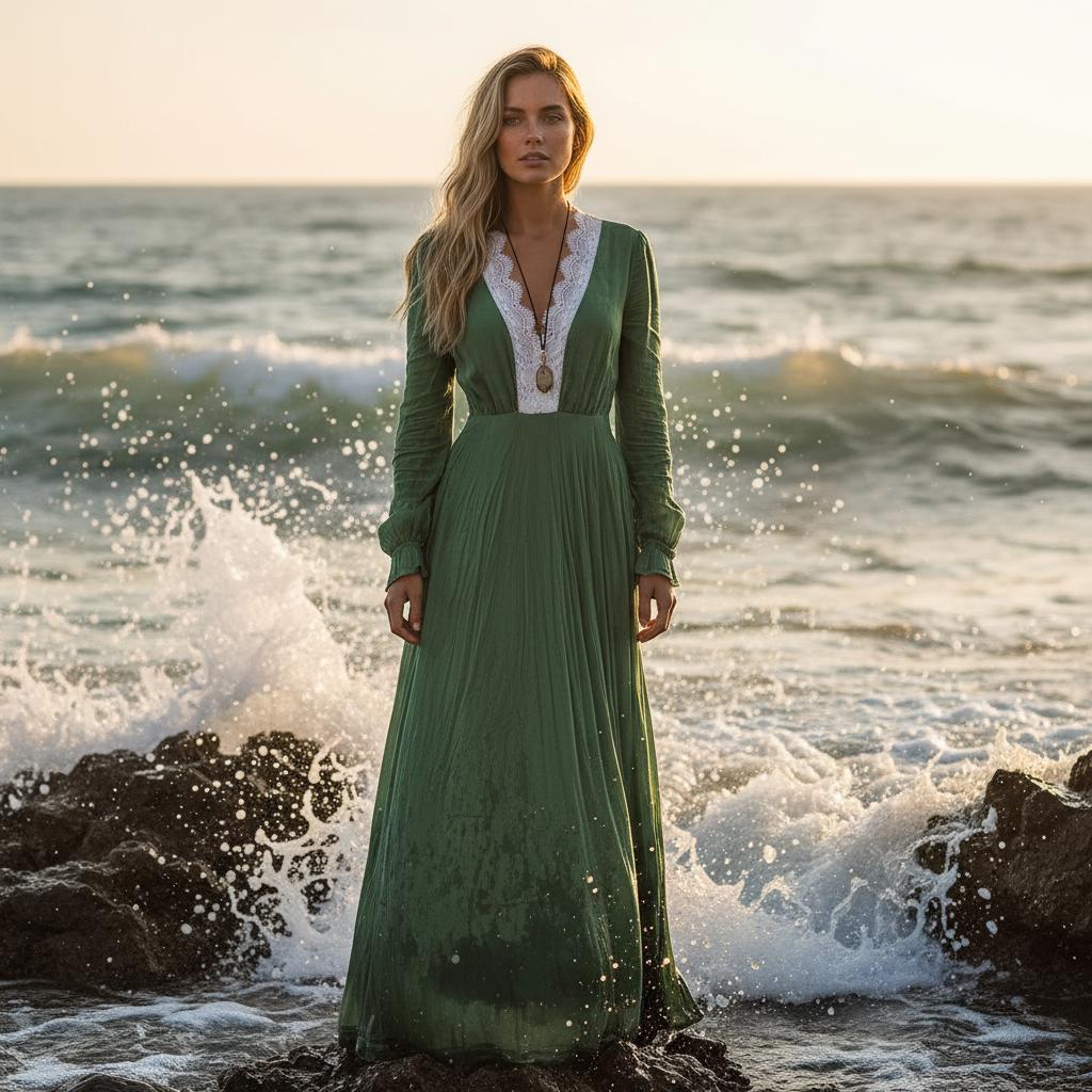 Elegant Boho Lace Maxi Dress V Neck High Waist Floral Long Dress